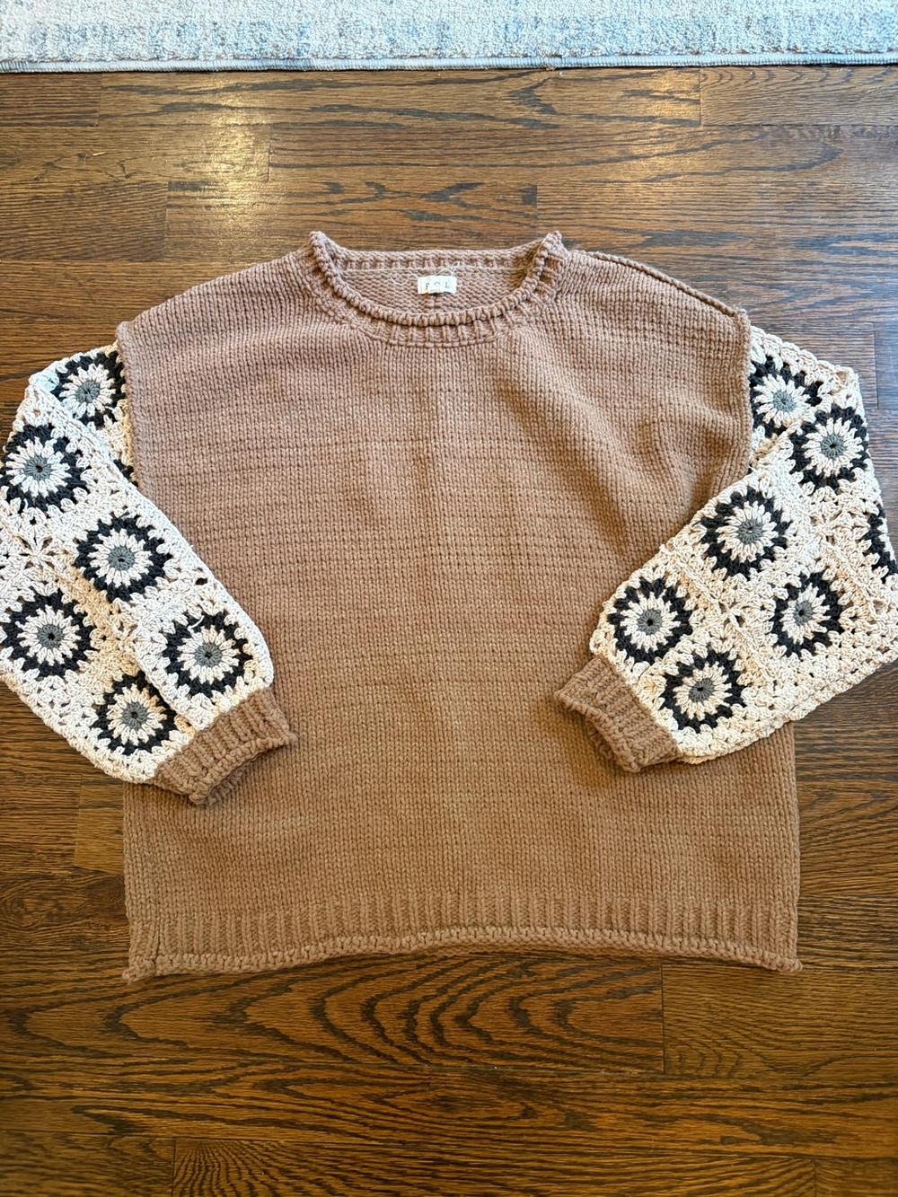 POL granny crochet -Sleeve Brown Knit Sweater